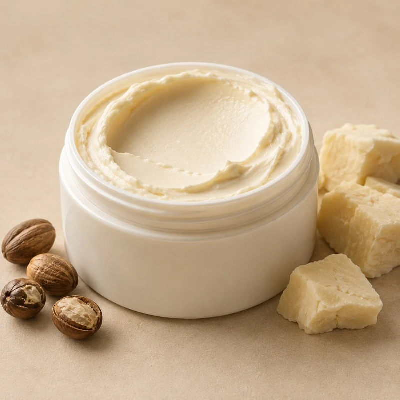 Rich shea body butter with dense creamy texture in an open cosmetic jar Rich shea body butter with dense creamy texture in an open cosmetic jar