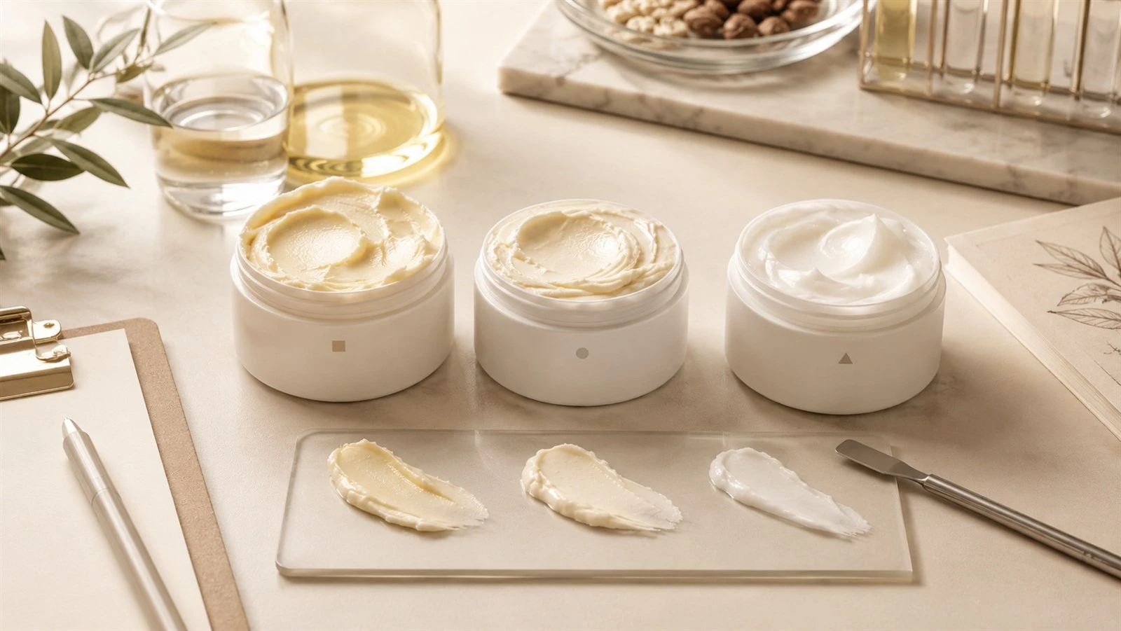 Body butter sample evaluation with three formula textures for private label development Body butter sample evaluation with three formula textures for private label development