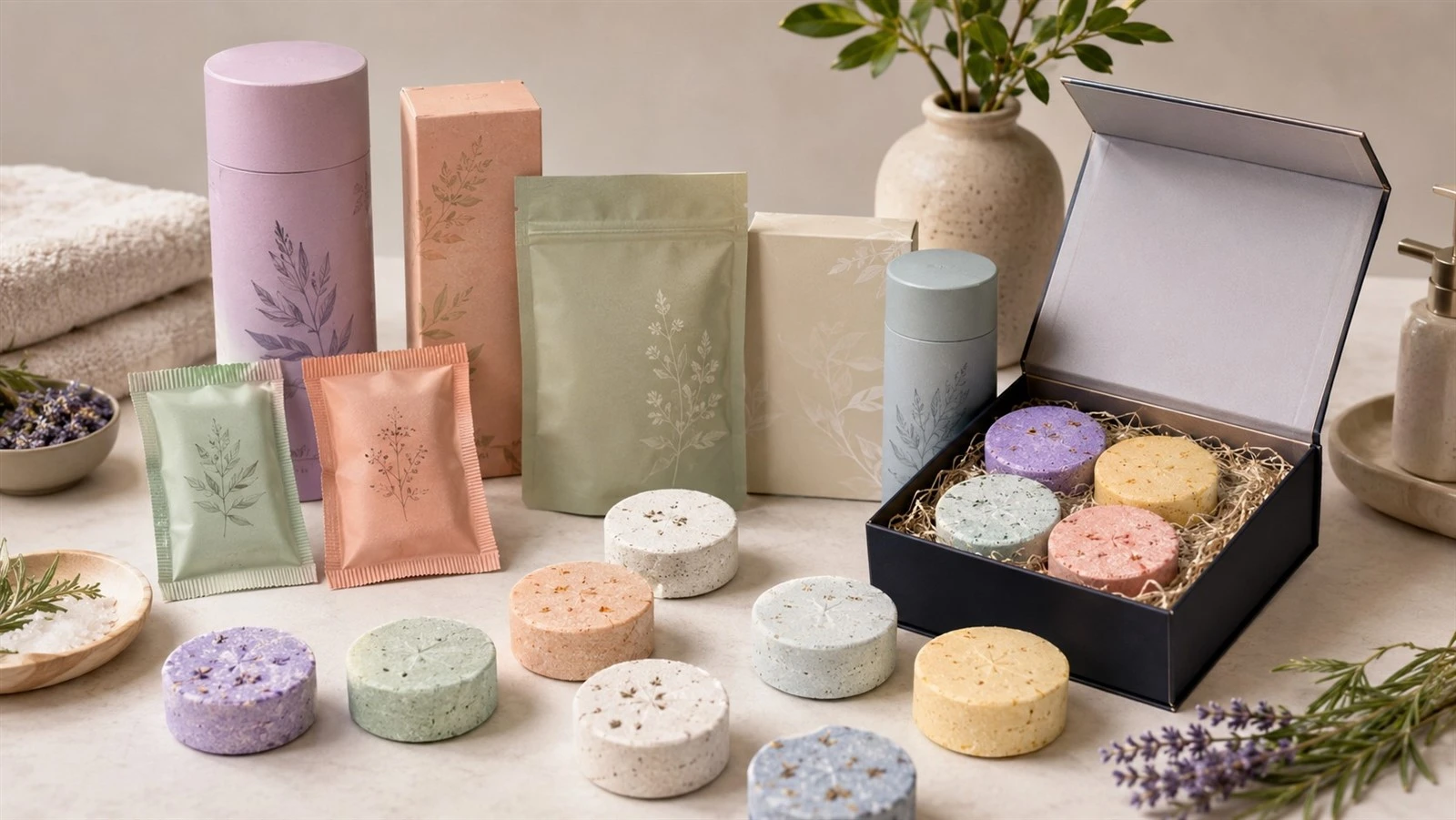 Custom shower steamer packaging and gift set options for private label brands Custom shower steamer packaging and gift set options for private label brands