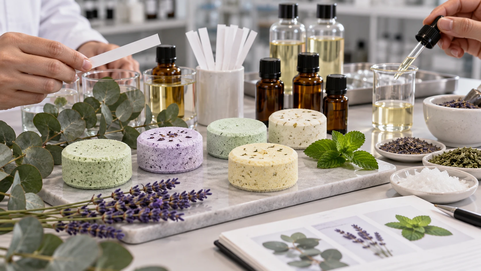 Fragrance development for aromatherapy shower steamers with eucalyptus lavender and menthol Fragrance development for aromatherapy shower steamers with eucalyptus lavender and menthol