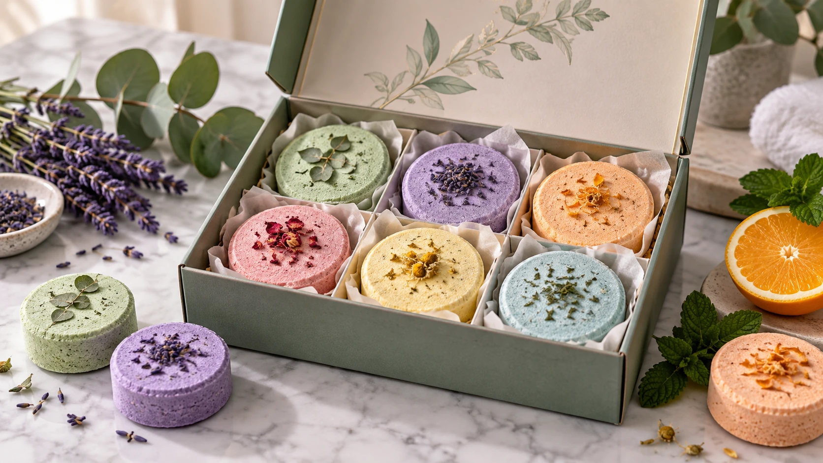 Multi-scent shower steamer gift set with coordinated fragrance assortment for private label brands Multi-scent shower steamer gift set with coordinated fragrance assortment for private label brands