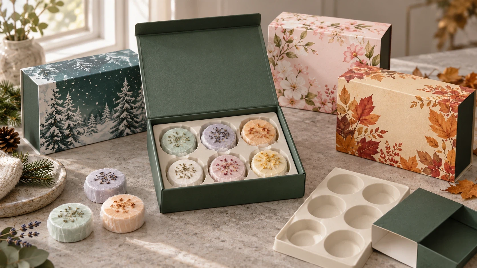 Modular shower steamer gift set packaging with seasonal sleeves and reusable core box Modular shower steamer gift set packaging with seasonal sleeves and reusable core box