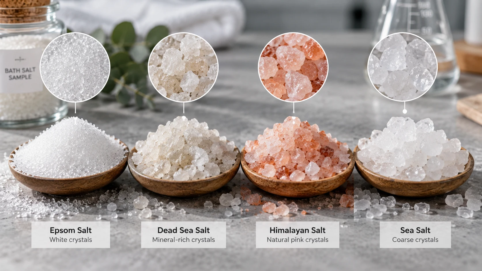 Visual comparison of Epsom salt Dead Sea salt Himalayan pink salt and sea salt crystals Visual comparison of Epsom salt Dead Sea salt Himalayan pink salt and sea salt crystals