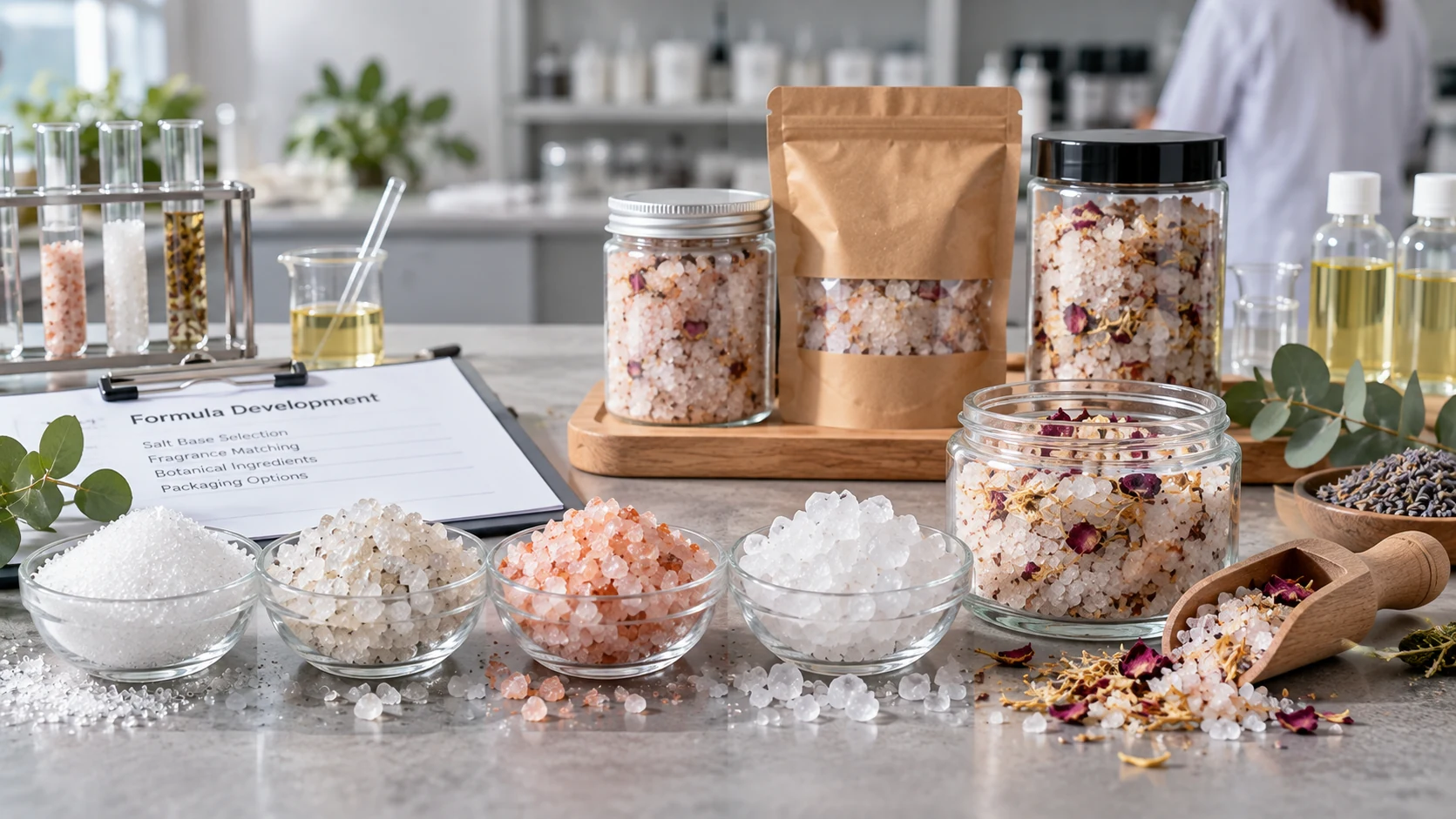 Bath salt base selection and custom blending for private label product development Bath salt base selection and custom blending for private label product development