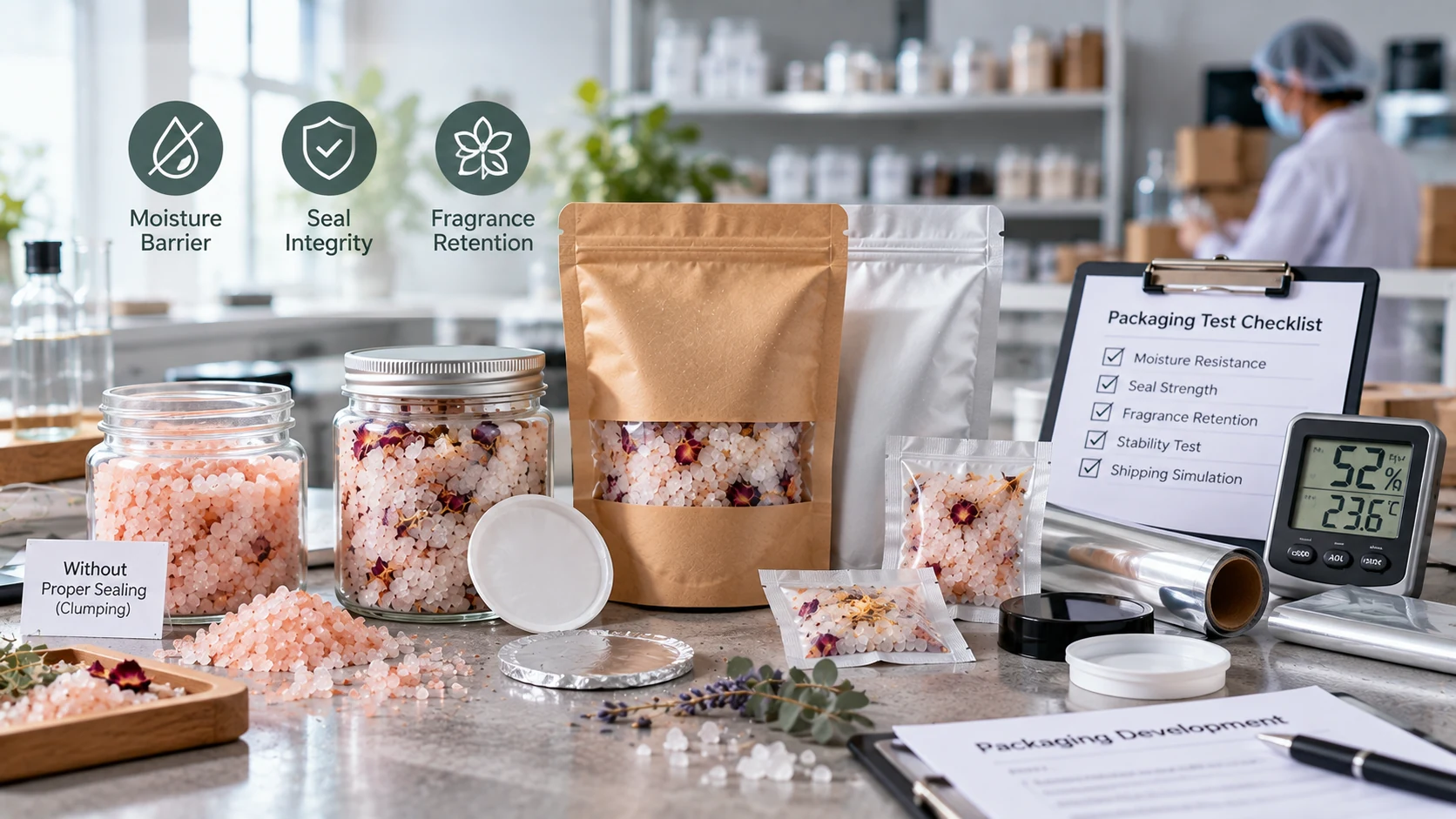 Bath salt moisture resistant packaging with barrier pouches jar liners and sealing systems Bath salt moisture resistant packaging with barrier pouches jar liners and sealing systems