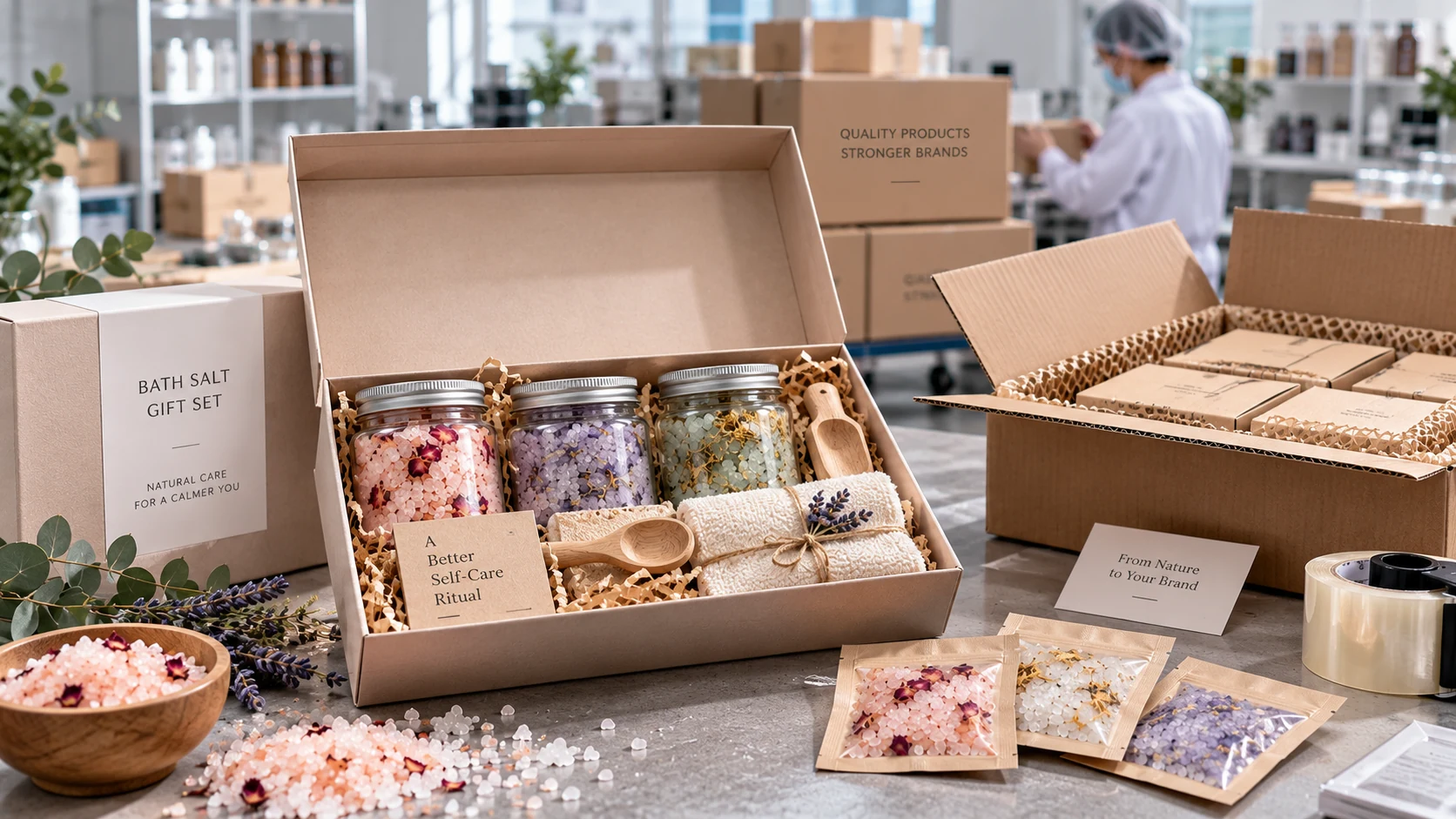 Private label bath salt gift set packaging with protective inserts jars and export-ready carton design Private label bath salt gift set packaging with protective inserts jars and export-ready carton design