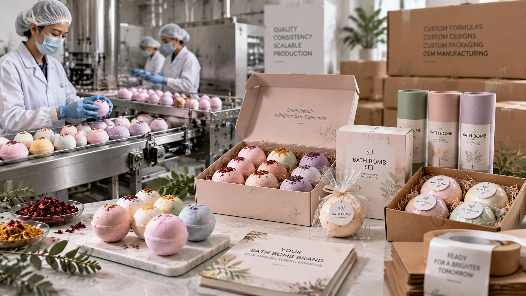 OEM bath bomb manufacturing and packaging capability with production line quality control and customized gift set solutions OEM bath bomb manufacturing and packaging capability with production line quality control and customized gift set solutions