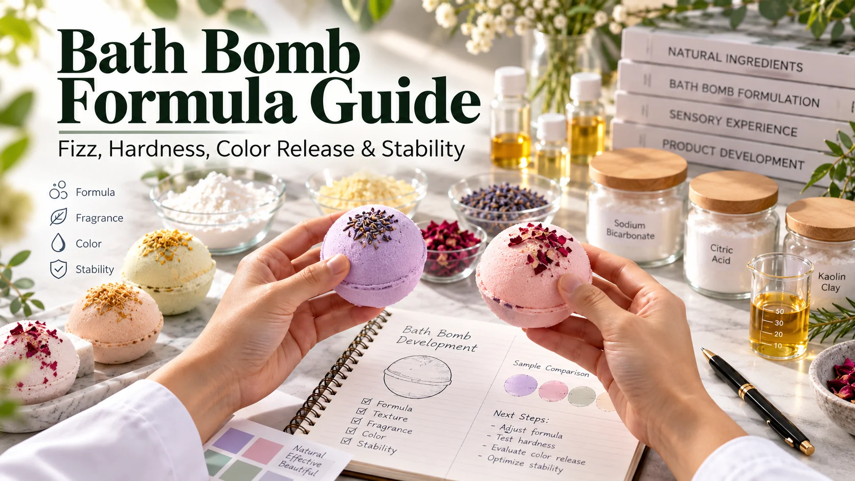 Bath bomb formula guide cover showing custom formulation development fizz performance hardness color release and stability testing Bath bomb formula guide cover showing custom formulation development fizz performance hardness color release and stability testing