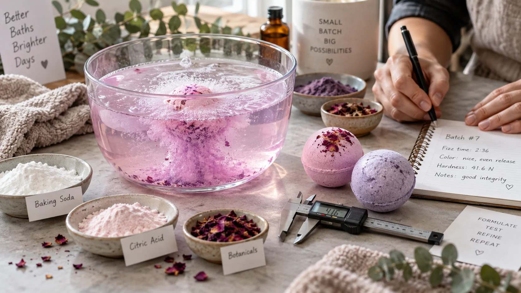 Bath bomb fizz hardness and color release testing during custom formula development for private label brands Bath bomb fizz hardness and color release testing during custom formula development for private label brands