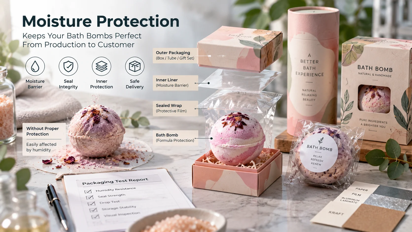 Moisture resistant bath bomb packaging with sealed wrap inner liner and outer packaging for product protection Moisture resistant bath bomb packaging with sealed wrap inner liner and outer packaging for product protection
