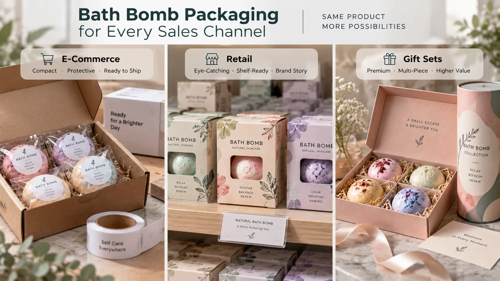 Bath bomb packaging options for ecommerce retail and gift set sales channels for private label brands Bath bomb packaging options for ecommerce retail and gift set sales channels for private label brands