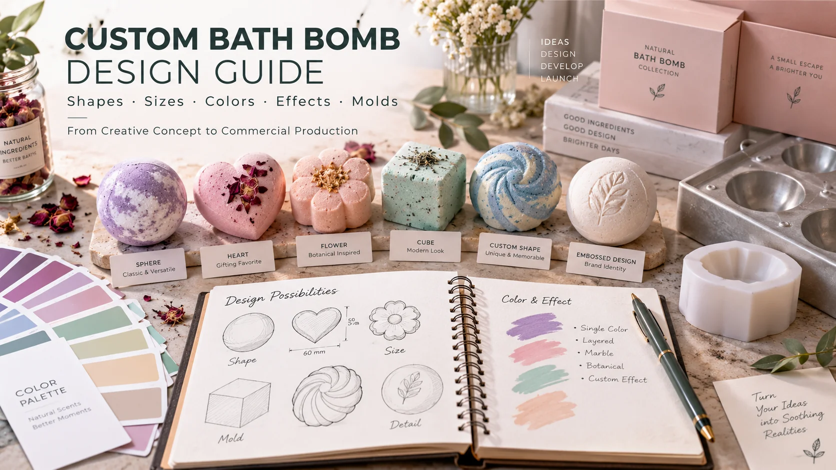 Custom bath bomb design guide showing shapes sizes colors visual effects and mold concepts for private label brands Custom bath bomb design guide showing shapes sizes colors visual effects and mold concepts for private label brands