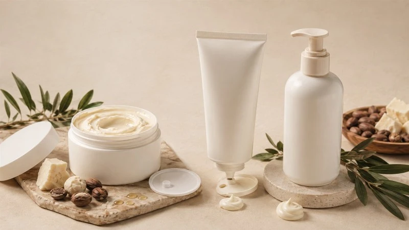 Body butter packaging options with jar tube and pump formats for different textures Body butter packaging options with jar tube and pump formats for different textures
