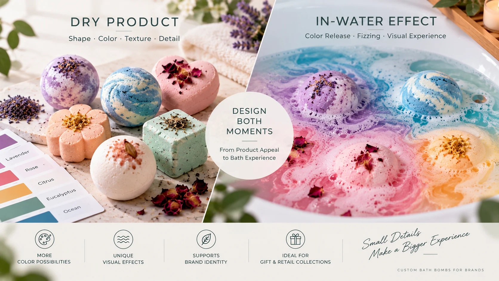 Custom bath bomb color and visual effect development showing dry product appearance and in-water performance Custom bath bomb color and visual effect development showing dry product appearance and in-water performance